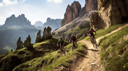 Action im Gebirge: Mountainbiker erobern die Trails - obrazy, fototapety, plakaty