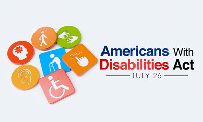 Fototapeta na wymiar Americans with disability act is observed every year on July 26, ADA is a civil rights law that prohibits discrimination based on disability. 3D Rendering