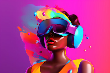 Cool sensual young woman of African American ethnicity in vr glasses and headphones. Black woman enjoying new virtual reality technologies. Colorful illustration of Generative AI