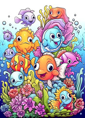 Fototapeta na wymiar Generative AI Sea animals with landscape - cute cartoon illustration of clown fish