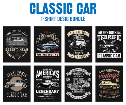 Classic Car Vector T-shirt Designs Bundle, Vintage Old Car Graphic