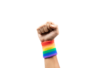 Raised fist with lgtbi flag bracelet, isolated.