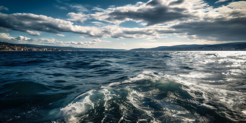 Fototapeta premium Seascape with deep blue sky, puffy white clouds. AI generated.