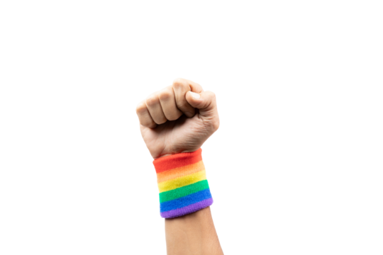 Raised fist with lgtbi flag bracelet, isolated.