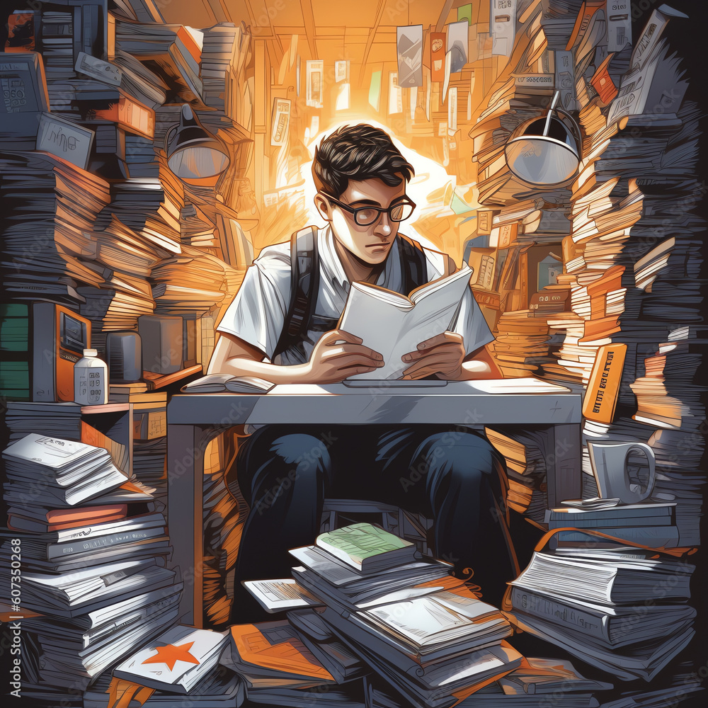 Poster generative ai studying boy - vector illustration with young student with a computer, many books and 