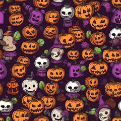Generative AI Halloween pattern with different pumpkins, spooky jack o lantern, spiders and bats