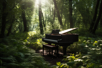 Grand piano sitting in lush calm green forest with the sun. Abstract surreal music background. AI generated