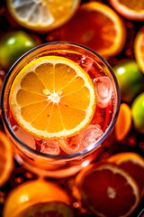 Close-up of a refreshing drink with citrus fruits shot from above, made with generative AI
