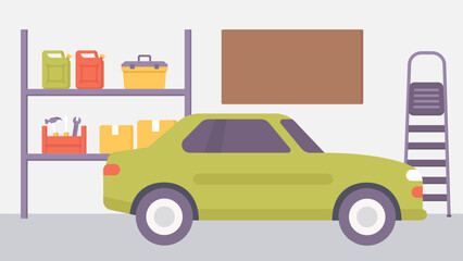 Car in garage background vector. Interior illustration with various tools and equipment. Automotive products or service. Cartoon flat style.