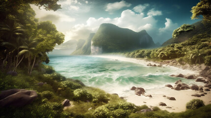 Abstract background with jungle frame, white sand beach in foreground and mountains. AI generated.