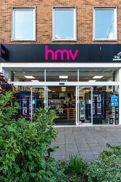 Vertical shot of HMV retail store entrance on Cornwall St. in Plymouth, UK