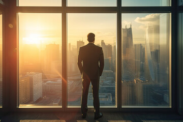 Fototapeta premium Wide Shot of a Business Man Looking Out Through Office Window With Sunny City Skyline in Background – Generative AI