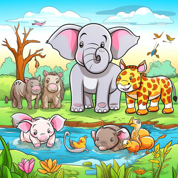 Generative AI Wild animals with landscape - cute cartoon vector illustration of crocodile, rhinoceros, elephant, giraffe, leopard, tiger, zebra, monkey, lion, hippo, monkey