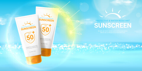 Summer sunscreen cream ad. 3d vector illustration of sunblock product. Ad banner with tubes of sunscreen cream in sphere shield under sun rays. Concept of solar protection cream from UV radiation.