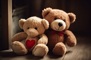 Two beautiful beige teddy bears sit in an embrace. Generative AI