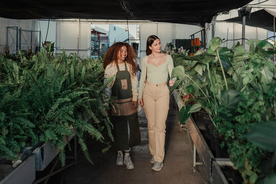Client and worker walking along a greenhouse