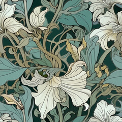 Generative AI Elegant flowers and leaves seamless pattern in soft blue and beige