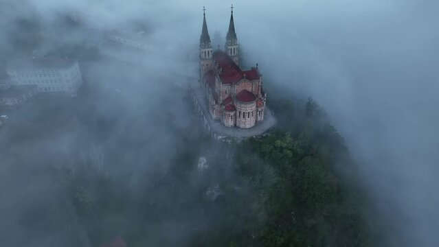 Aerial video of Basilica of Our Lady of Battles, Cobadonga, Asturias