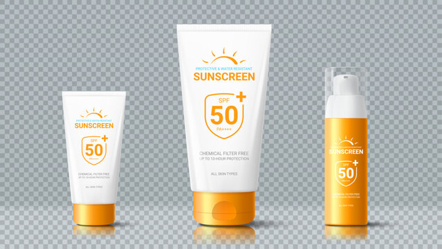 3d templates of cosmetic bottle and tubes. 3d bottle and tubes of sunscreen cream isolated on checkered background. 3d packages for promo of cosmetic goods. Realistic vector mock up of skincare goods.