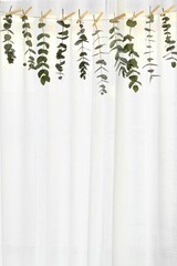 Vertical shot of Eucalyptus String leaves in front of white draping