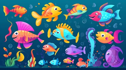 Papier Peint photo Lavable Vie marine Generative AI Sea life, marine animals set with underwater landscape - seahorse, star, octopus, turtle, shark, fish, jellyfish, dolphin, crab. Cute cartoon illustration in flat style