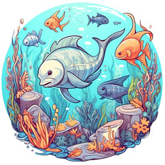 Naklejka premium Generative AI Sea life, marine animals set with underwater landscape - seahorse, star, octopus, turtle, shark, fish, jellyfish, dolphin, crab. Cute cartoon vector illustration in flat style
