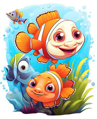 Fototapeta na wymiar Generative AI Sea animals with landscape - cute cartoon vector illustration of orange clown fish