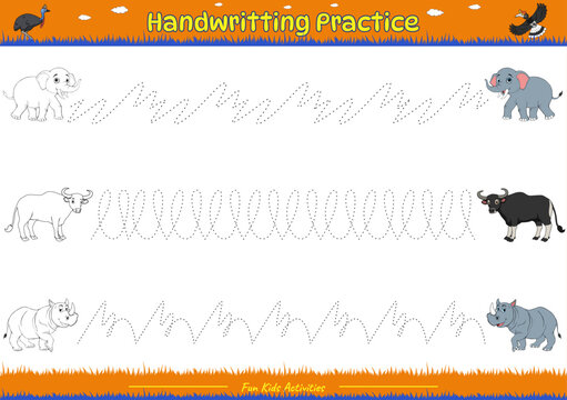 Handwriting practice with cartoon of elephant, java bull and rhinoceros