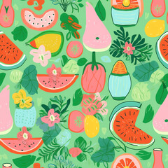 Generative AI Summer pattern - colorful seamless pattern with watermelon, lemon, leaves and flowers, vector illustration.
