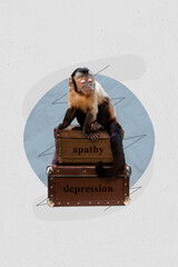 Poster collage sketch weird image of little stressed depressed monkey despair melancholy symptom...