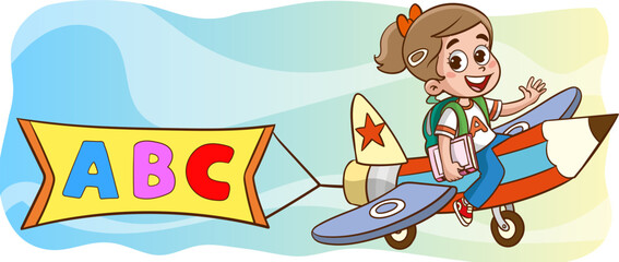 Funny Kid Flying On Colorful Pencil .vector illustration of child education image.