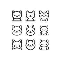 Cartoon cat, kitten face line vector icon set isolated