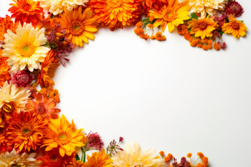 Obraz premium Yellow, orange, ochre and brown flower frame layout with text space, copy space. Wedding concept, Birthday concept, Congratulations concept. Women's Day, Mother's Day, Valentine's Day. Generative AI.