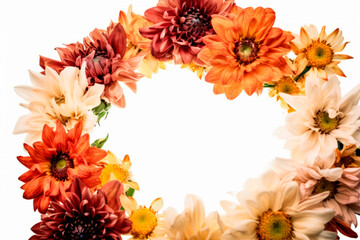 Obraz premium Yellow, orange, ochre and brown flower frame layout with text space, copy space. Wedding concept, Birthday concept, Congratulations concept. Women's Day, Mother's Day, Valentine's Day. Generative AI.