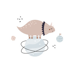 Funny illustration of dinosaur triceratops standing on a planet in a outer space