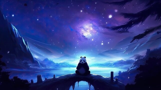 panda sitting under a starry night sky. dark blues and purples for the sky, the panda with a subtle, dream-like effect. twinkling stars and a crescent moon to create a magical atmosphere