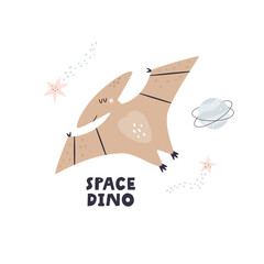 Cute illustration of funny dinosaur pterodactyl in a outer space © danceyourlife