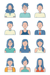Set of human character designs with different hair styles, clothes in male and female variations
