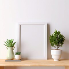 ai generated mock-up of an interior blank picture frame in a bright room with succulents and lots of natural light 