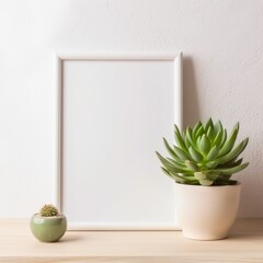 ai generated mock-up of an interior blank picture frame in a bright room with succulents and lots of natural light 