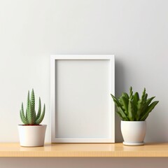 ai generated mock-up of an interior blank picture frame in a bright room with succulents and lots of natural light 