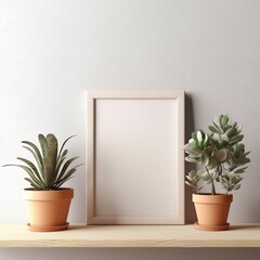 ai generated mock-up of an interior blank picture frame in a bright room with succulents and lots of natural light 