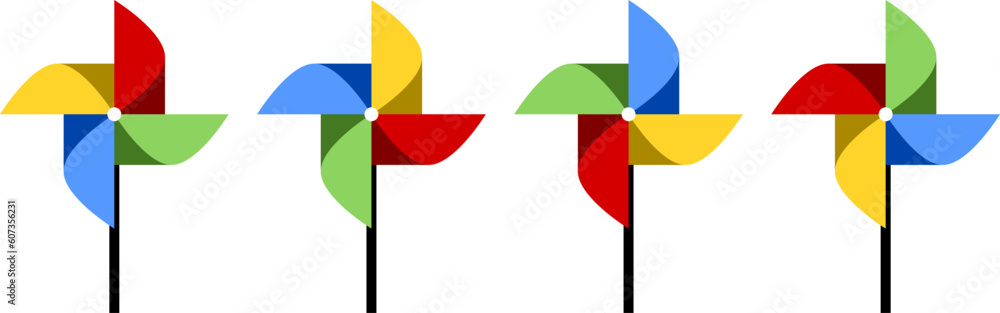 Poster set of colorful pinwheel or spinning windmill with stick and different rotation phases symbol icon. 