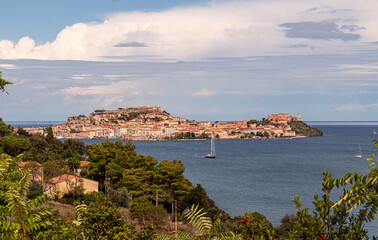 Obraz premium View from viewpoint Punta delle grotte to historic city of Portoferraio Elba, Tuscany, Italy