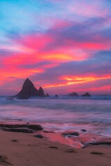 Naklejka na ściany i meble Beautiful shot of colorful sunset over the sea and cliffs