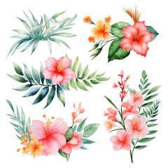 Set of tropical floral watecolor. tropical flower, tropical leaves. tropical poster, invitation floral. Vector arrangements for greeting card or invitation design