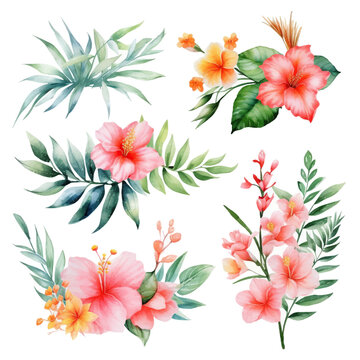 Set of tropical floral watecolor. tropical flower, tropical leaves. tropical poster, invitation floral. Vector arrangements for greeting card or invitation design © IMRON HAMSYAH