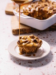Pumpkin spice baked oats cake with peanut butter, vertical