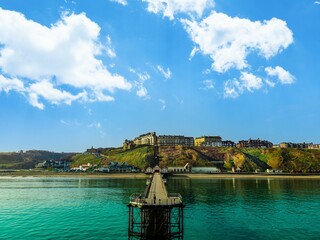 Aerial view of Saltburn by the sea Pleasure Pier with funicular railway in Background
