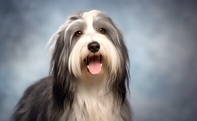 Naklejka na ściany i meble Charming Bearded collie dog against a bright pastel background. Generative AI.